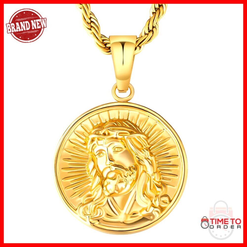 Men's Stainless Steel Cross Coin Pendant Necklace 22in Vintage Style